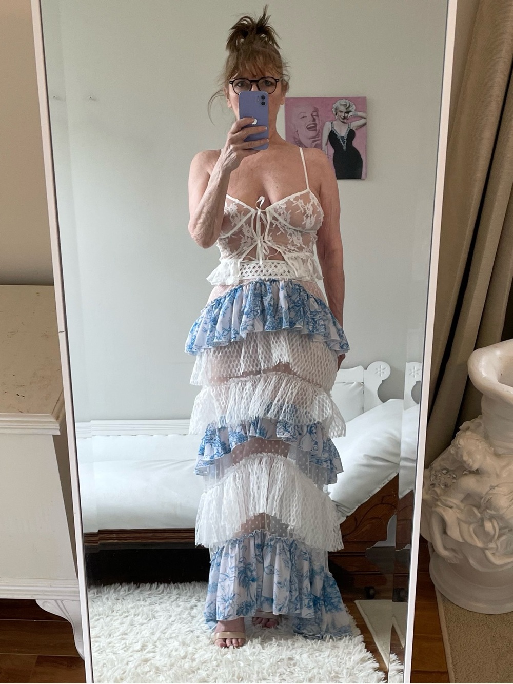 BLUE WHITE TIERED RUFFLED MAXI SKIRT LACE SHEER LINED STRETCH WAIST WEDGEWOOD